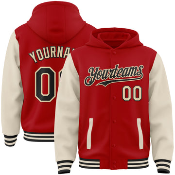 Custom Red Black-Cream Bomber Full-Snap Varsity Letterman Two Tone Hoodie Jacket