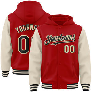 Custom Red Black-Cream Bomber Full-Snap Varsity Letterman Two Tone Hoodie Jacket