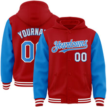 Charger l&#39;image dans la galerie, Custom Red Powder Blue-White Bomber Full-Snap Varsity Letterman Two Tone Hoodie Jacket
