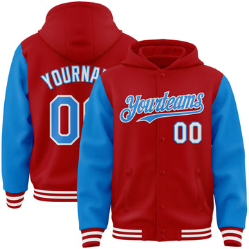 Custom Red Powder Blue-White Bomber Full-Snap Varsity Letterman Two Tone Hoodie Jacket