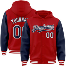 Charger l&#39;image dans la galerie, Custom Red Navy-White Bomber Full-Snap Varsity Letterman Two Tone Hoodie Jacket
