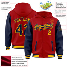 Load image into Gallery viewer, Custom Red Navy-Gold Bomber Full-Snap Varsity Letterman Two Tone Hoodie Jacket
