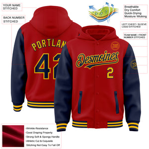 Custom Red Navy-Gold Bomber Full-Snap Varsity Letterman Two Tone Hoodie Jacket