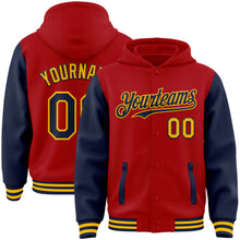 Load image into Gallery viewer, Custom Red Navy-Gold Bomber Full-Snap Varsity Letterman Two Tone Hoodie Jacket
