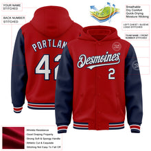 Загрузить изображение в средство просмотра галереи, Custom Red White-Navy Bomber Full-Snap Varsity Letterman Two Tone Hoodie Jacket
