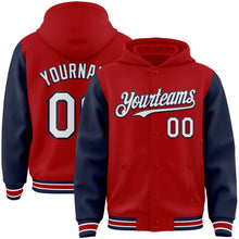 Загрузить изображение в средство просмотра галереи, Custom Red White-Navy Bomber Full-Snap Varsity Letterman Two Tone Hoodie Jacket
