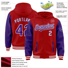 Load image into Gallery viewer, Custom Red Purple-White Bomber Full-Snap Varsity Letterman Two Tone Hoodie Jacket
