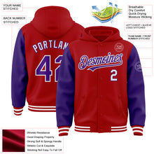 Charger l&#39;image dans la galerie, Custom Red Purple-White Bomber Full-Snap Varsity Letterman Two Tone Hoodie Jacket
