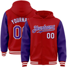 Charger l&#39;image dans la galerie, Custom Red Purple-White Bomber Full-Snap Varsity Letterman Two Tone Hoodie Jacket
