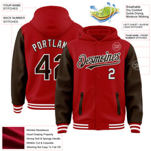 Загрузить изображение в средство просмотра галереи, Custom Red Brown-White Bomber Full-Snap Varsity Letterman Two Tone Hoodie Jacket
