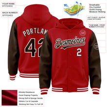 Charger l&#39;image dans la galerie, Custom Red Brown-White Bomber Full-Snap Varsity Letterman Two Tone Hoodie Jacket
