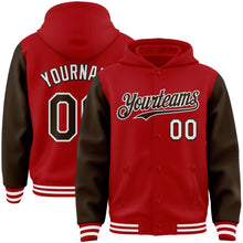 Charger l&#39;image dans la galerie, Custom Red Brown-White Bomber Full-Snap Varsity Letterman Two Tone Hoodie Jacket
