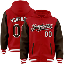 Загрузить изображение в средство просмотра галереи, Custom Red Brown-White Bomber Full-Snap Varsity Letterman Two Tone Hoodie Jacket
