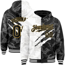 Charger l&#39;image dans la galerie, Custom Graffiti Pattern Black-Old Gold Scratch 3D Bomber Full-Snap Varsity Letterman Hoodie Jacket
