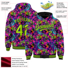 Laden Sie das Bild in den Galerie-Viewer, Custom Graffiti Pattern Neon Green-Black Splash 3D Bomber Full-Snap Varsity Letterman Hoodie Jacket
