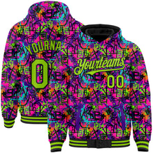 Laden Sie das Bild in den Galerie-Viewer, Custom Graffiti Pattern Neon Green-Black Splash 3D Bomber Full-Snap Varsity Letterman Hoodie Jacket
