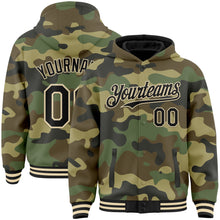 Charger l&#39;image dans la galerie, Custom Camo Black-Cream 3D Bomber Full-Snap Varsity Letterman Salute To Service Hoodie Jacket
