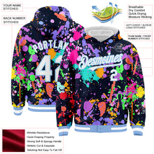 Загрузить изображение в средство просмотра галереи, Custom Graffiti Pattern White-Light Blue Splash 3D Bomber Full-Snap Varsity Letterman Hoodie Jacket
