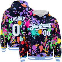 Загрузить изображение в средство просмотра галереи, Custom Graffiti Pattern White-Light Blue Splash 3D Bomber Full-Snap Varsity Letterman Hoodie Jacket
