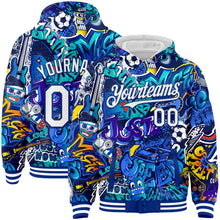 Charger l&#39;image dans la galerie, Custom Graffiti Pattern White-Royal Abstract Urban Street Art 3D Bomber Full-Snap Varsity Letterman Hoodie Jacket
