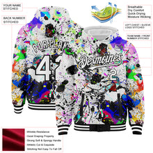 Загрузить изображение в средство просмотра галереи, Custom Graffiti Pattern White-Black Splash 3D Bomber Full-Snap Varsity Letterman Hoodie Jacket
