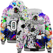 Charger l&#39;image dans la galerie, Custom Graffiti Pattern White-Black Splash 3D Bomber Full-Snap Varsity Letterman Hoodie Jacket
