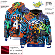 Charger l&#39;image dans la galerie, Custom Graffiti Pattern White-Royal Abstract Urban Street Art 3D Bomber Full-Snap Varsity Letterman Hoodie Jacket
