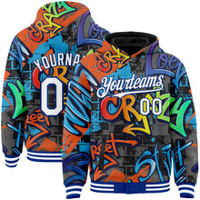 Charger l&#39;image dans la galerie, Custom Graffiti Pattern White-Royal Abstract Urban Street Art 3D Bomber Full-Snap Varsity Letterman Hoodie Jacket
