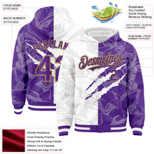 Загрузить изображение в средство просмотра галереи, Custom Graffiti Pattern Purple-Old Gold Scratch 3D Bomber Full-Snap Varsity Letterman Hoodie Jacket
