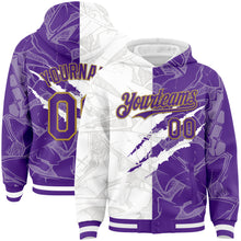 Загрузить изображение в средство просмотра галереи, Custom Graffiti Pattern Purple-Old Gold Scratch 3D Bomber Full-Snap Varsity Letterman Hoodie Jacket
