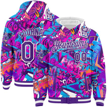 Charger l&#39;image dans la galerie, Custom Graffiti Pattern Purple-White Splash 3D Bomber Full-Snap Varsity Letterman Hoodie Jacket
