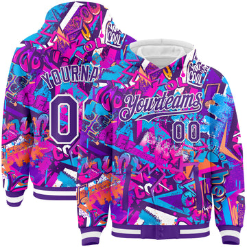 Custom Graffiti Pattern Purple-White Splash 3D Bomber Full-Snap Varsity Letterman Hoodie Jacket