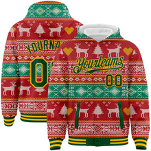 Laden Sie das Bild in den Galerie-Viewer, Custom Red Green-Gold Christmas Reindeers 3D Bomber Full-Snap Varsity Letterman Hoodie Jacket
