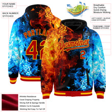 Laden Sie das Bild in den Galerie-Viewer, Custom Red Gold Black-Lakes Blue Flame 3D Pattern Design Bomber Full-Snap Varsity Letterman Hoodie Jacket
