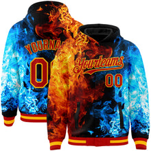 Laden Sie das Bild in den Galerie-Viewer, Custom Red Gold Black-Lakes Blue Flame 3D Pattern Design Bomber Full-Snap Varsity Letterman Hoodie Jacket
