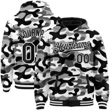 Charger l&#39;image dans la galerie, Custom Camo Black-White 3D Bomber Full-Snap Varsity Letterman Salute To Service Hoodie Jacket
