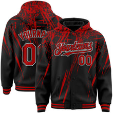 Загрузить изображение в средство просмотра галереи, Custom Black Red-White Splash 3D Pattern Design Bomber Full-Snap Varsity Letterman Hoodie Jacket
