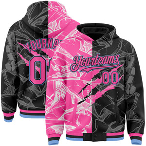 Custom Graffiti Pattern Pink Black-Light Blue Scratch 3D Bomber Full-Snap Varsity Letterman Hoodie Jacket