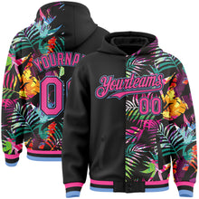 Load image into Gallery viewer, Custom Black Pink-Light Blue Tropical Palm Leaves 3D Pattern Design Bomber Full-Snap Varsity Letterman Hoodie Jacket
