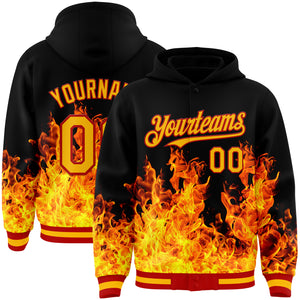 Custom Black Gold-Red Flame 3D Pattern Design Bomber Full-Snap Varsity Letterman Hoodie Jacket