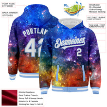 Загрузить изображение в средство просмотра галереи, Custom Galactic White-Light Blue 3D Bomber Full-Snap Varsity Letterman Hoodie Jacket
