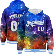 Загрузить изображение в средство просмотра галереи, Custom Galactic White-Light Blue 3D Bomber Full-Snap Varsity Letterman Hoodie Jacket
