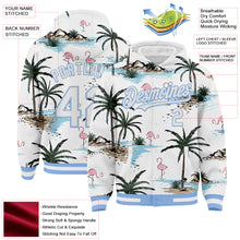 Загрузить изображение в средство просмотра галереи, Custom White Light Blue Tropical Hawaii Palm Trees 3D Bomber Full-Snap Varsity Letterman Hoodie Jacket
