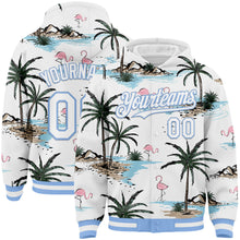 Загрузить изображение в средство просмотра галереи, Custom White Light Blue Tropical Hawaii Palm Trees 3D Bomber Full-Snap Varsity Letterman Hoodie Jacket
