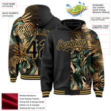 Загрузить изображение в средство просмотра галереи, Custom Black Old Gold Tropical Hawaii Jungle Leaves 3D Bomber Full-Snap Varsity Letterman Hoodie Jacket
