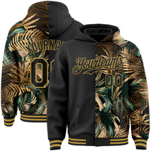 Загрузить изображение в средство просмотра галереи, Custom Black Old Gold Tropical Hawaii Jungle Leaves 3D Bomber Full-Snap Varsity Letterman Hoodie Jacket
