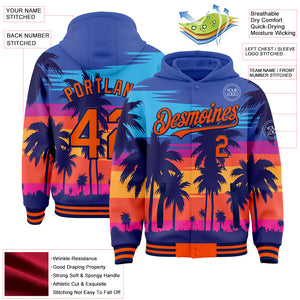 Custom Royal Orange-Navy Tropical Hawaii Palm Trees 3D Bomber Full-Snap Varsity Letterman Hoodie Jacket