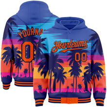 Загрузить изображение в средство просмотра галереи, Custom Royal Orange-Navy Tropical Hawaii Palm Trees 3D Bomber Full-Snap Varsity Letterman Hoodie Jacket
