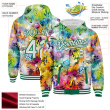 Charger l&#39;image dans la galerie, Custom Graffiti Pattern White-Kelly Green Splash 3D Bomber Full-Snap Varsity Letterman Hoodie Jacket
