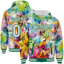 Charger l&#39;image dans la galerie, Custom Graffiti Pattern White-Kelly Green Splash 3D Bomber Full-Snap Varsity Letterman Hoodie Jacket
